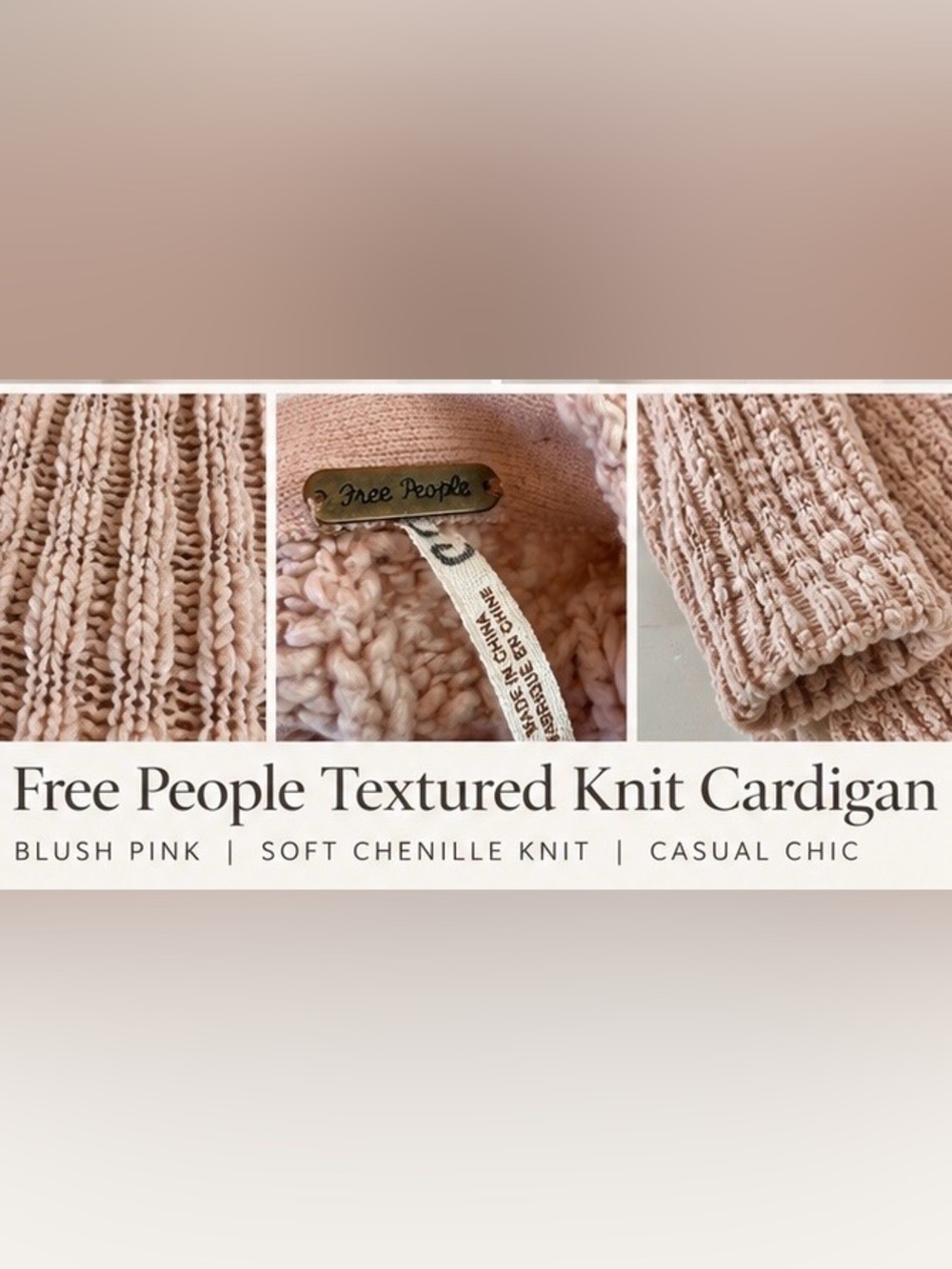 FREE PEOPLE BLUSH PINK TEXTURED OPEN FRONT CHENILLE KNIT CARDIGAN (XS) - Picture 3 of 8